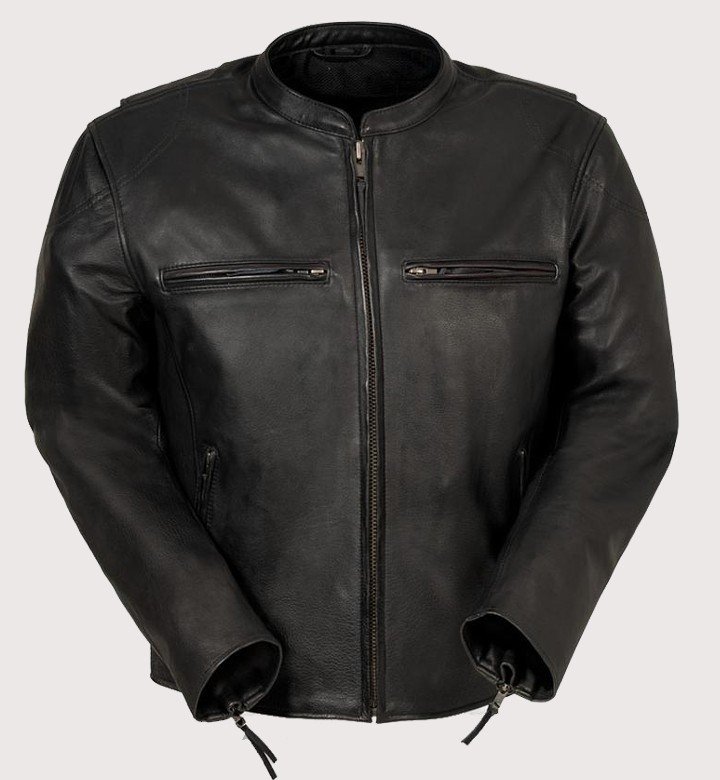 Antique black leather jacket with minimalist cafe racer design and zip pockets
