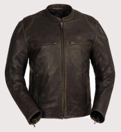 Vintage brown leather cafe racer jacket with antique finish and zip pockets