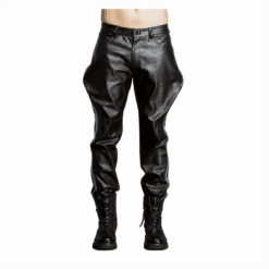 Men's black cowhide leather Jodhpur riding pants with traditional equestrian tapered leg design