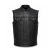 Men's Stand Collar Leather Motorcycle Vest with Hidden Closure in genuine black leather