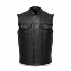 Men's Stand Collar Leather Motorcycle Vest with Hidden Closure in genuine black leather