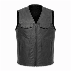Men's V-Neck Leather Motorcycle Vest with Center Zipper in black genuine leather