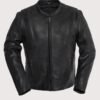 Black biker leather jacket with minimalist design and vertical zip chest pockets