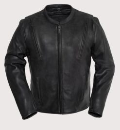 Black biker leather jacket with minimalist design and vertical zip chest pockets