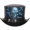 Black leather top hat with lightning skull artwork and decorative skull accents