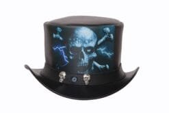 Black leather top hat with lightning skull artwork and decorative skull accents