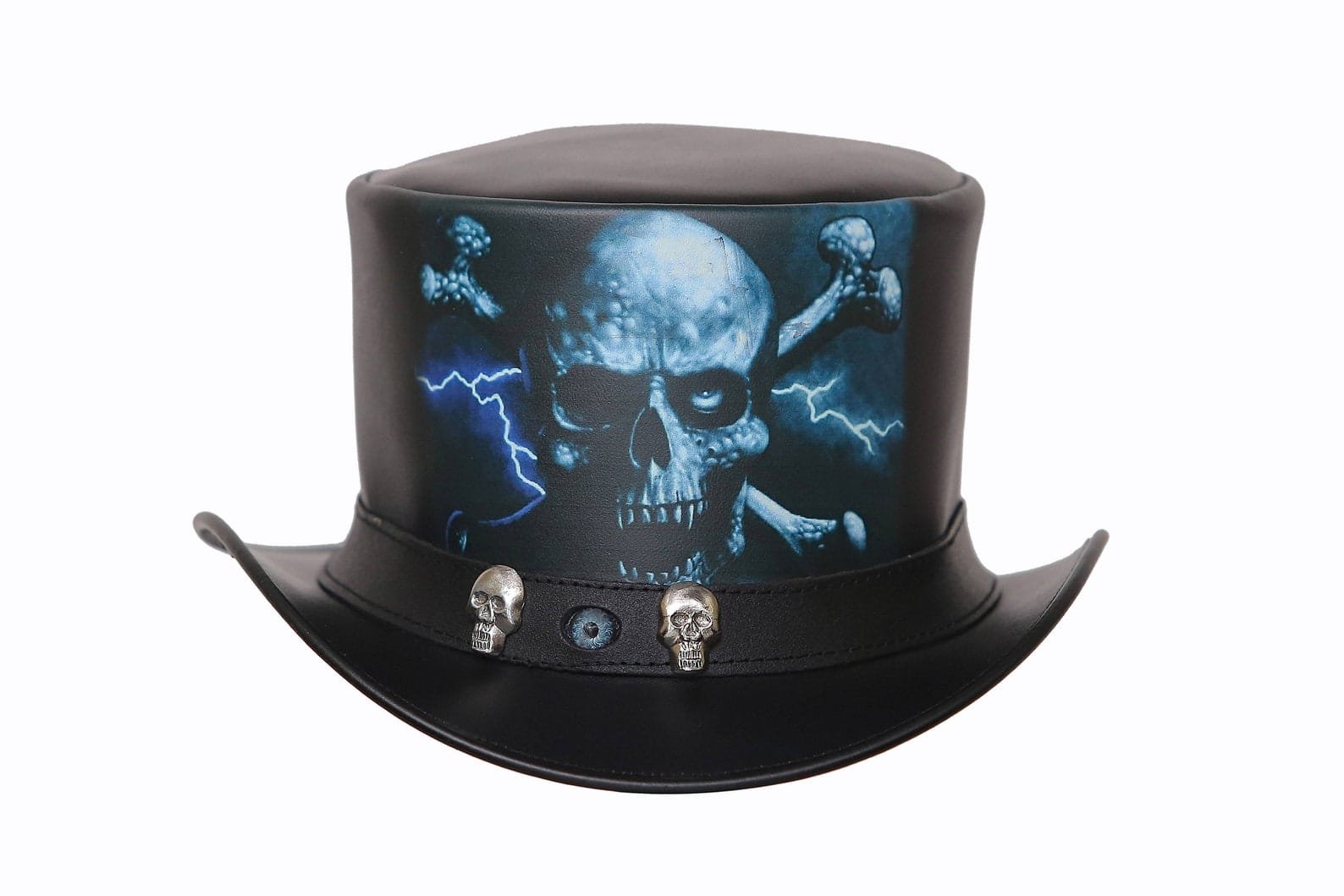 Black leather top hat with lightning skull artwork and decorative skull accents