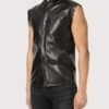 Men's Black Sleeveless Leather Snap Shirt with Stand Collar