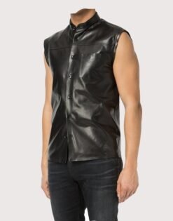 Men's Black Sleeveless Leather Snap Shirt with Stand Collar