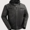 Men's Black Leather Cafe Racer Jacket with Removable Hood and zip front