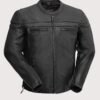 Men's Cafe Racer Leather Jacket in black leather with action shoulder panels and horizontal chest zip pockets