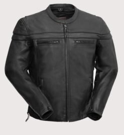 Men's Cafe Racer Leather Jacket in black leather with action shoulder panels and horizontal chest zip pockets