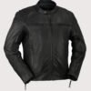 Black scooter style leather jacket with zip front and chest pockets