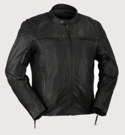 Black scooter style leather jacket with zip front and chest pockets