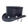 Black leather top hat with buffalo concho hatband and frontier Western design