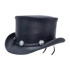 Black leather top hat with buffalo concho hatband and frontier Western design