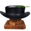 Black leather short top hat with unbanded design and low crown profile