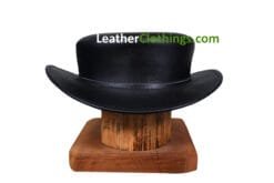 Black leather short top hat with unbanded design and low crown profile