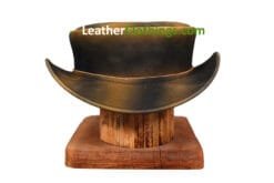 Brown and black distressed leather short top hat with unbanded design
