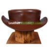 Chocolate brown leather short top hat with low crown and simple band detail