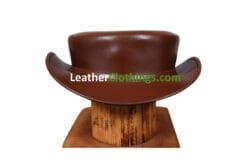 Chocolate brown leather short top hat with low crown and simple band detail