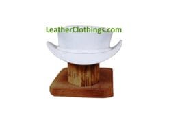 White leather short top hat with minimalist band and classic Victorian silhouette