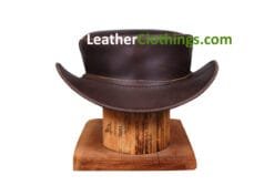 Tan brown leather short top hat with low crown and curved Western-style brim