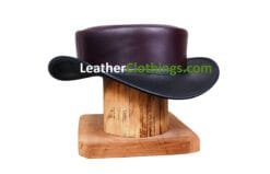 Burgundy leather short top hat with black curved brim and unbanded design