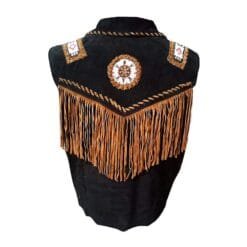 Western Cowboy Black Suede Vest with Brown Fringes and Bones