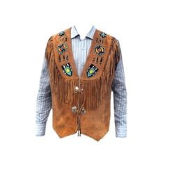 Men's Tan Suede Fringed Western Vest with Beaded Accents front and back views