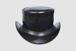 Black leather top hat with simple leather band and classic handcrafted design