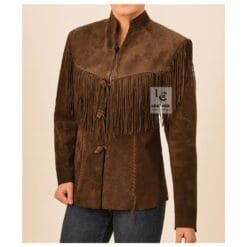 Brown Suede Leather Jacket for Women – Classic Western Cowgirl Fringe Coat with Front Toggle Closures