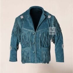 Men's slate blue cowhide suede Western jacket with long fringe, concho-style medallions, braided trim and button-front closure