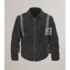 Men's Midnight Trail leather fringe jacket in black genuine leather with bone-inspired shoulder panels and stud detailing