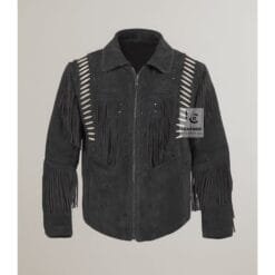 Men's Midnight Trail leather fringe jacket in black genuine leather with bone-inspired shoulder panels and stud detailing