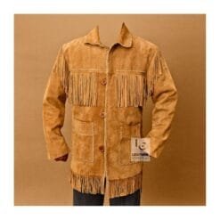 Men's tan suede western fringe overshirt with chest fringe and button front