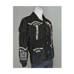 Men's black outrider fringe suede leather jacket with concho tassel accents and whipstitch trim