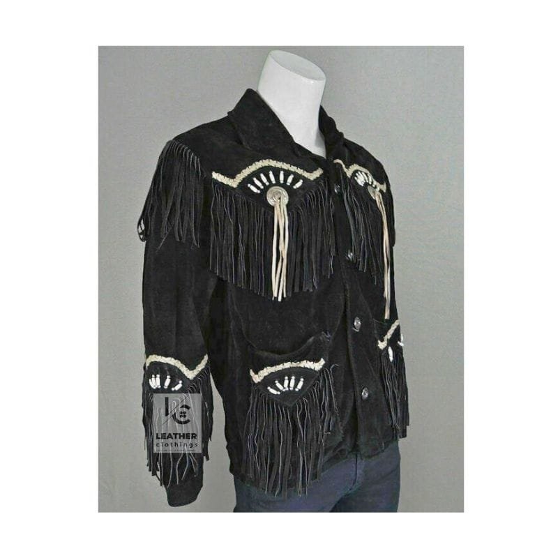 Men's black outrider fringe suede leather jacket with concho tassel accents and whipstitch trim