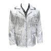 Men’s white leather fringe jacket with beaded medallions and whip lacing