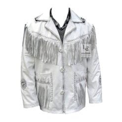 Men’s white leather fringe jacket with beaded medallions and whip lacing