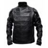 Men's Black Leather Tactical Motorcycle Jacket with layered front panels and asymmetrical zipper