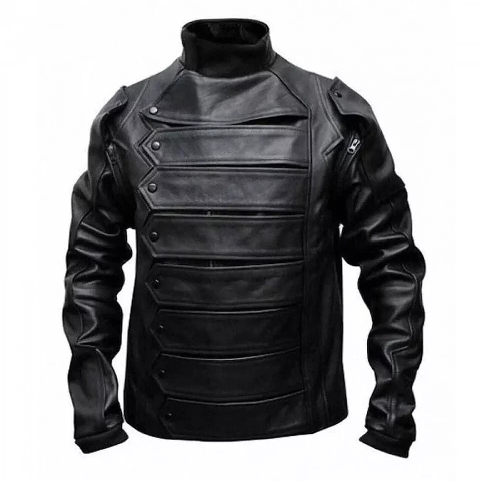 Men's Black Leather Tactical Motorcycle Jacket with layered front panels and asymmetrical zipper