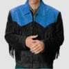 Men’s black and blue suede fringe jacket with running stitch lacing and YKK zipper
