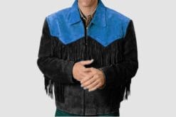 Men’s black and blue suede fringe jacket with running stitch lacing and YKK zipper
