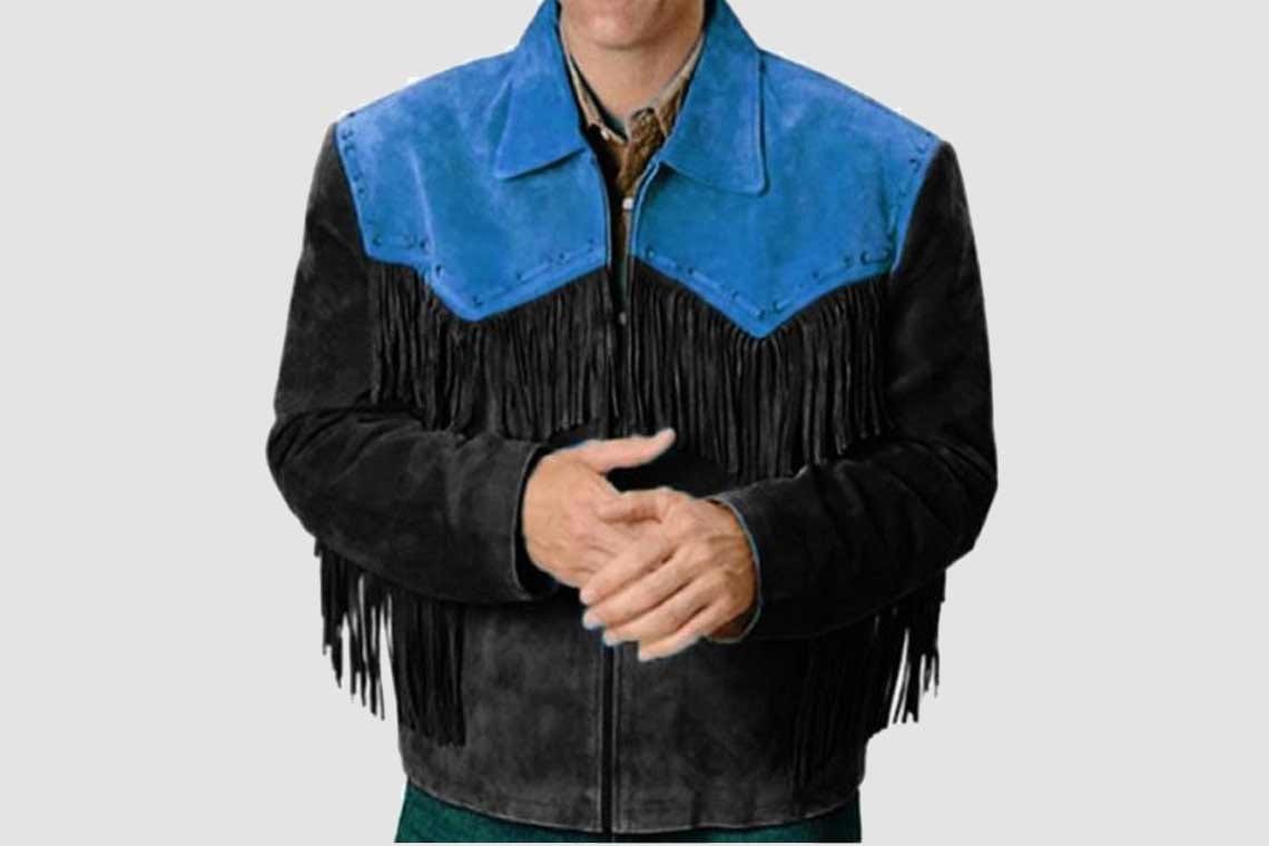 Men’s black and blue suede fringe jacket with running stitch lacing and YKK zipper