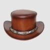 Brown leather top hat with snakeskin-pattern band and decorative brass studs