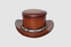 Brown leather top hat with snakeskin-pattern band and decorative brass studs