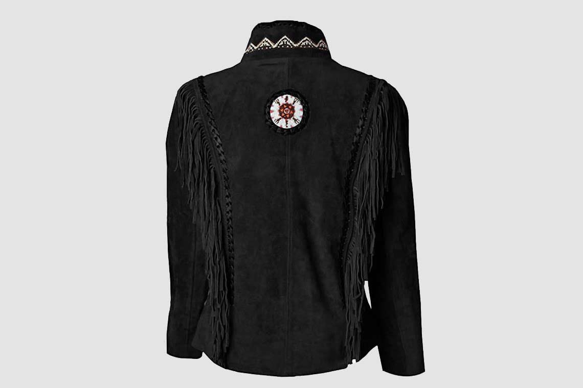 Men's Shadow Mesa Black Cowhide Suede Fringe Jacket with Stand Collar - Image 2