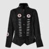 Men's black cowhide suede fringe jacket with stand collar, lace-cut chest detailing, braided trim, and concho-style medallions