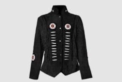 Men's black cowhide suede fringe jacket with stand collar, lace-cut chest detailing, braided trim, and concho-style medallions